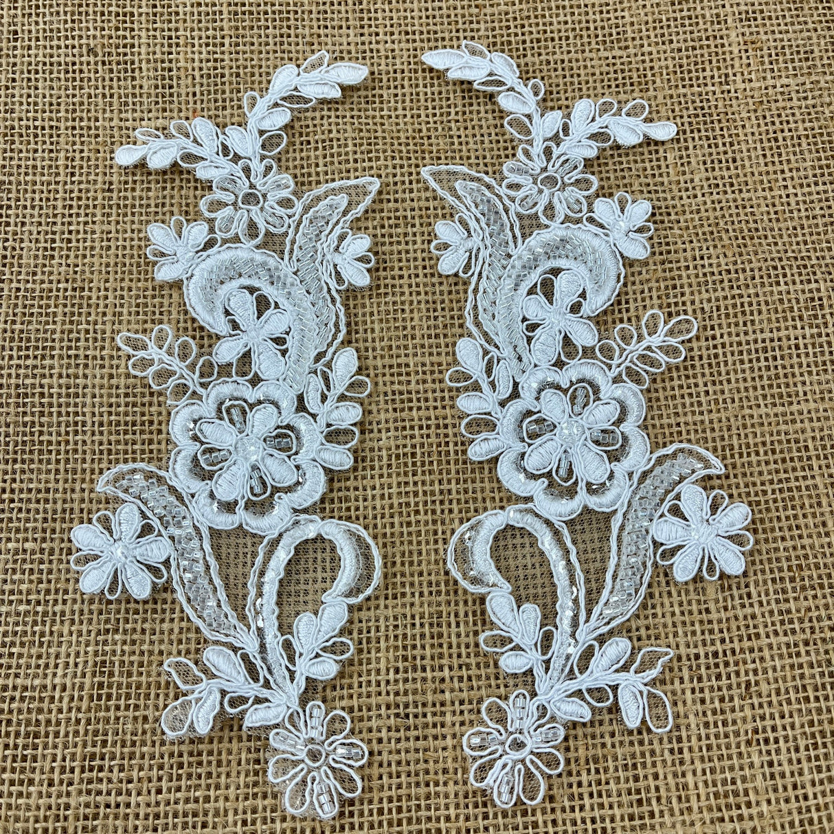 1 Pair Beaded & Corded Floral Lace Applique 9" x 2.5" Each Side