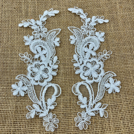 1 Pair Beaded & Corded Floral Lace Applique 9" x 2.5" Each Side