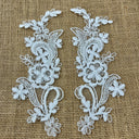 Beaded Corded Floral Lace Applique Polyester Fabric - Floral Embroidered, 9" X 2.5" Each Side (1 Pair)