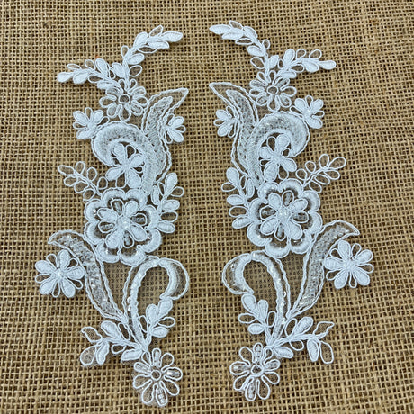 Beaded Corded Floral Lace Applique Polyester Fabric - Floral Embroidered, 9" X 2.5" Each Side (1 Pair)