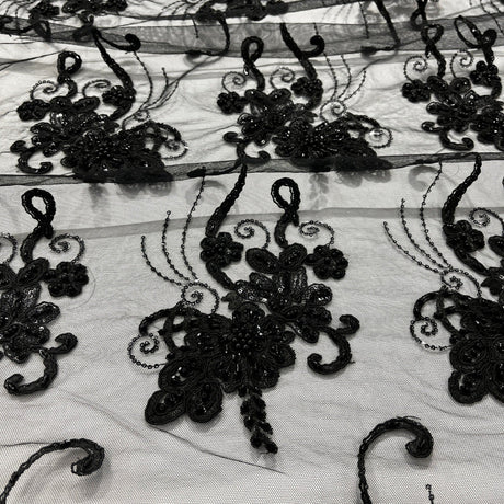 Beaded Corded Lace Navy Mesh