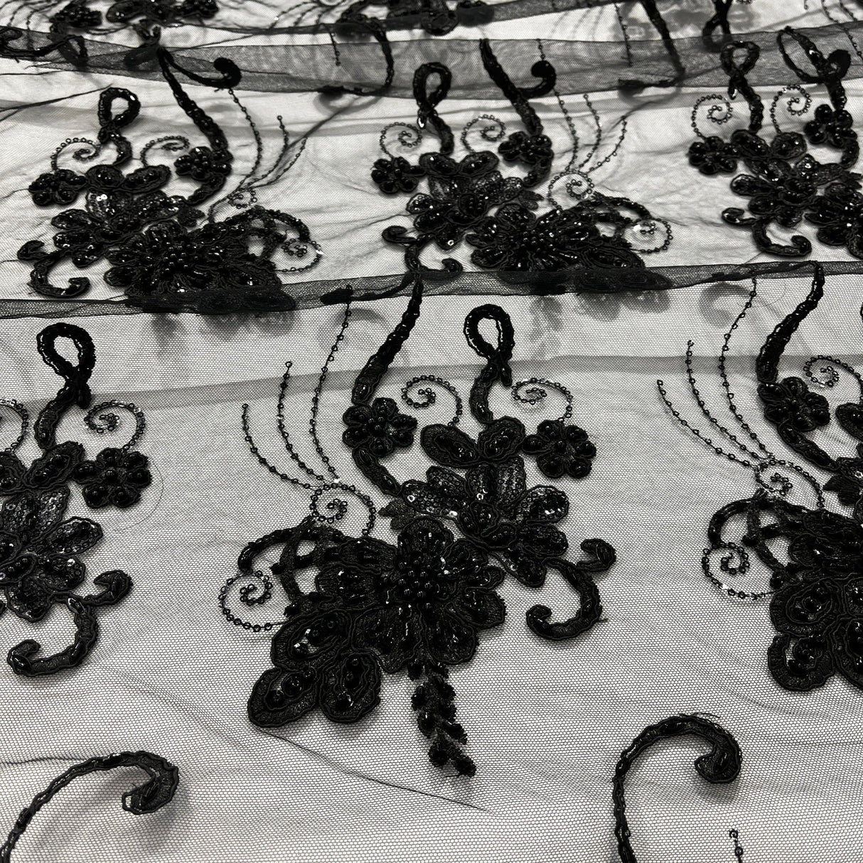 Beaded & Corded Lace Fabric - Embroidered 100 Percent Polyester Net Mesh, Navy/Black, 54" Width (1 Yard)