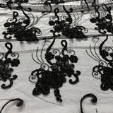 Beaded & Corded Lace Fabric - Embroidered 100 Percent Polyester Net Mesh, Navy/Black, 54" Width (1 Yard)