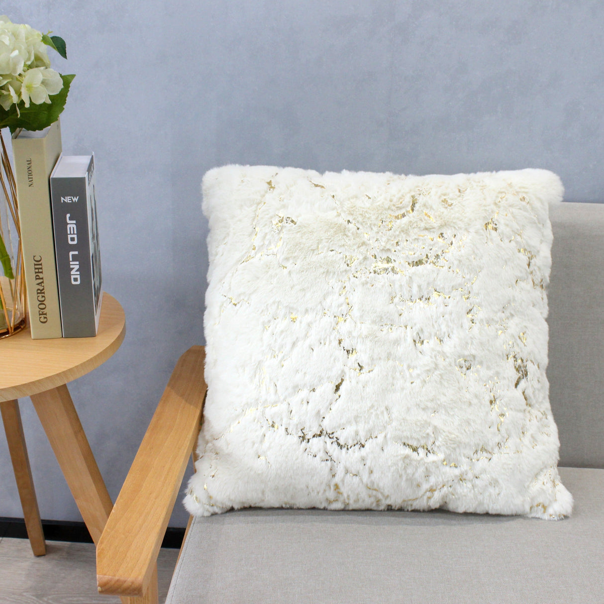 Golden Faux Fur Glow Fluffy Pillow Polyester Fabric - Black Moon With Gold Foil, 20" X 20" (1 Pillow)