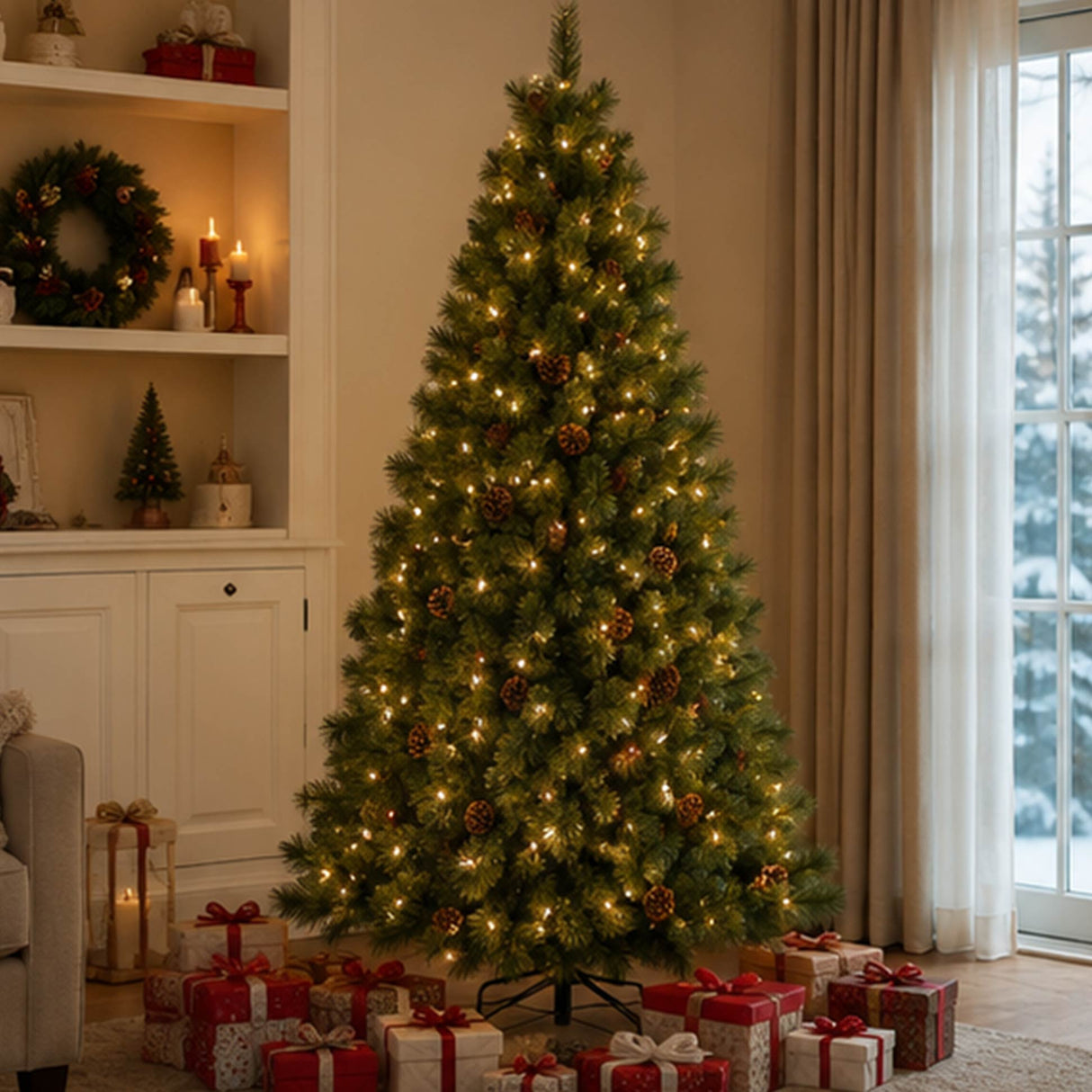 6FT Pre Lit Christmas Tree with Pinecones Warm White