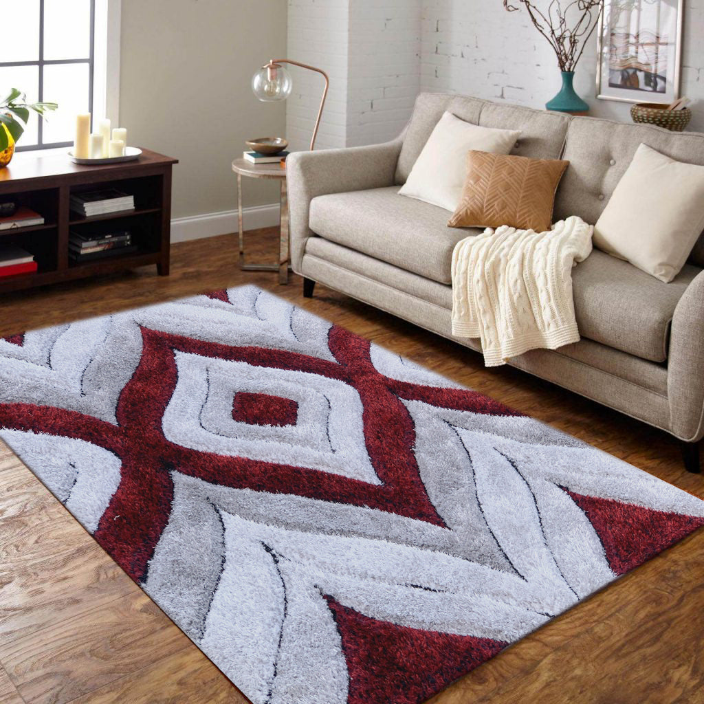 SR-721 Polyester Fabric - Plush Fluffy Shine 3D Geometric Design, Red/Silver/Yellow, 2' X 3", 5' 3" X 7' 5", 7' 6" X 10' 3" (1 Rug)