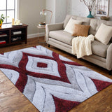 SR-721 Polyester Fabric - Plush Fluffy Shine 3D Geometric Design, Red/Silver/Yellow, 2' X 3", 5' 3" X 7' 5", 7' 6" X 10' 3" (1 Rug)