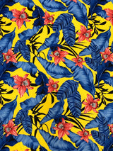 Big Hawaiian Flowers Poly Spandex Fabric - Green, Navy, Yellow, Fuchsia Floral Print, 58"-60" Width