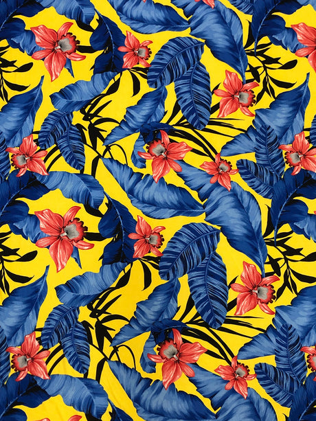 Big Hawaiian Flowers Poly Spandex Fabric - Green, Navy, Yellow, Fuchsia Floral Print, 58"-60" Width