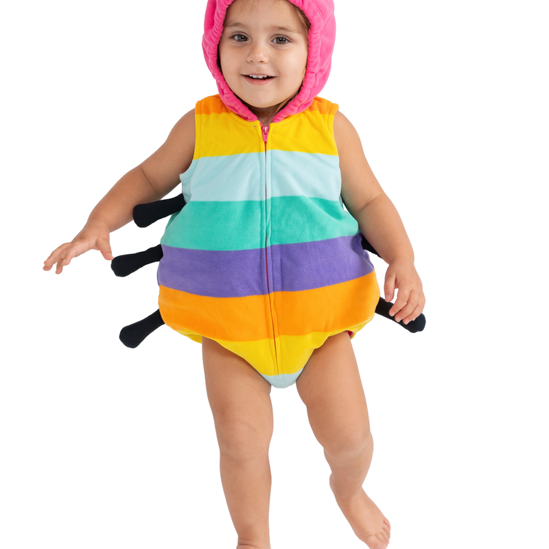 Infant beetle costume with striped onesie hood and antennas