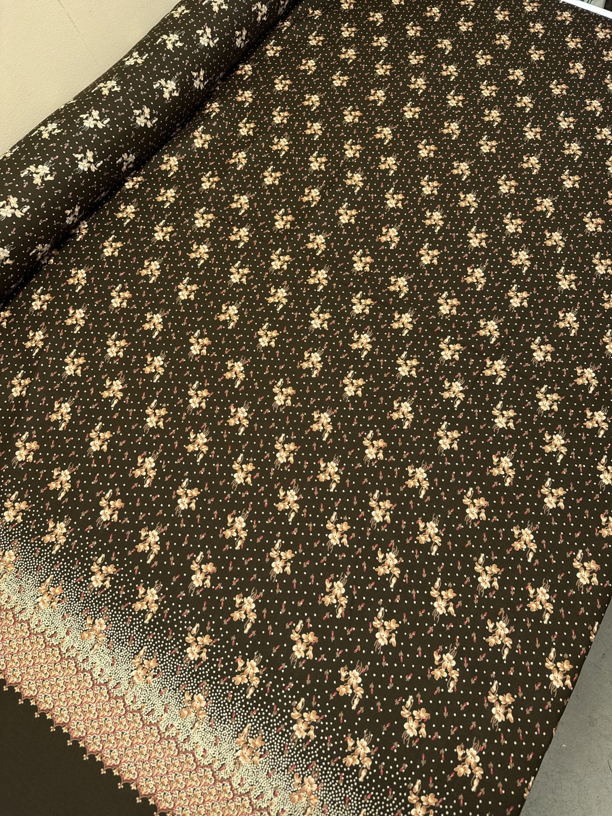 Printed Wool Blend Fabric Brown Green Floral
