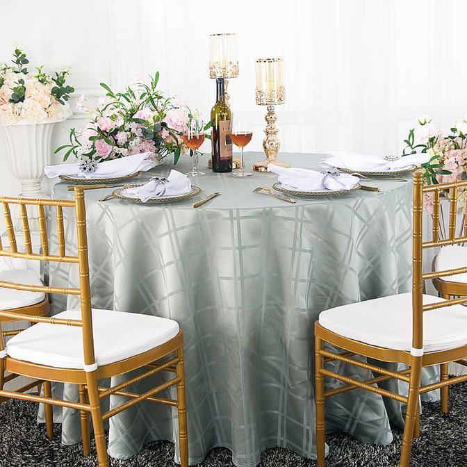 Round Polyester Tablecloth 90" Plaid Jacquard Silver