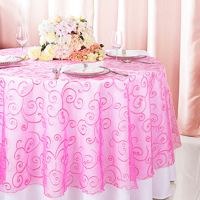Round Embroidered Organza Table Overlay 90" Bubble Gum