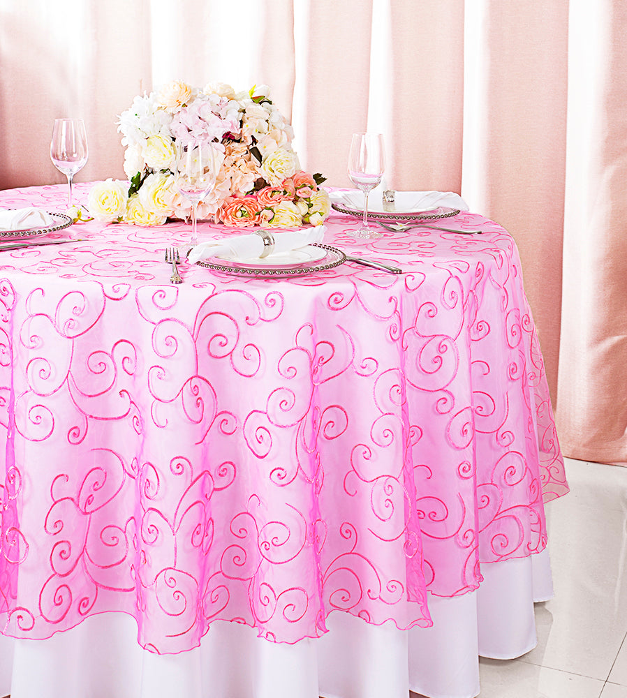 Round Embroidered Organza Table Overlay 90" Bubble Gum