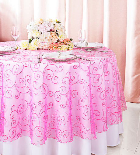 Round Embroidered Organza Table Overlay 90" Bubble Gum
