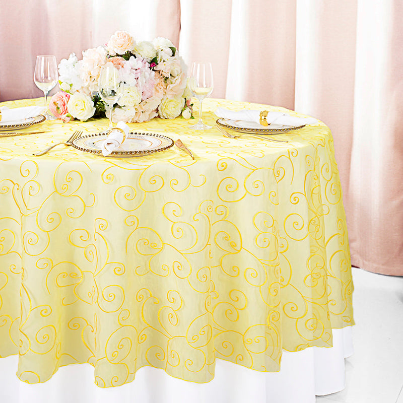 Round Embroidered Organza Table Overlay 90" Canary Yellow