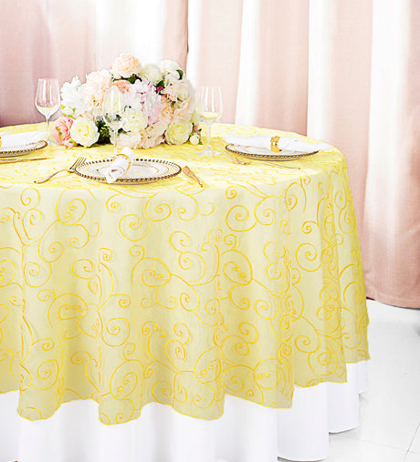 Round Embroidered Organza Table Overlay 90" Canary Yellow