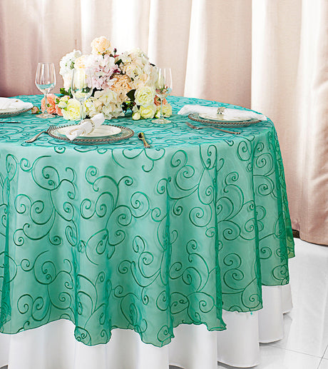 Round Embroidered Organza Table Overlay 90" Jade