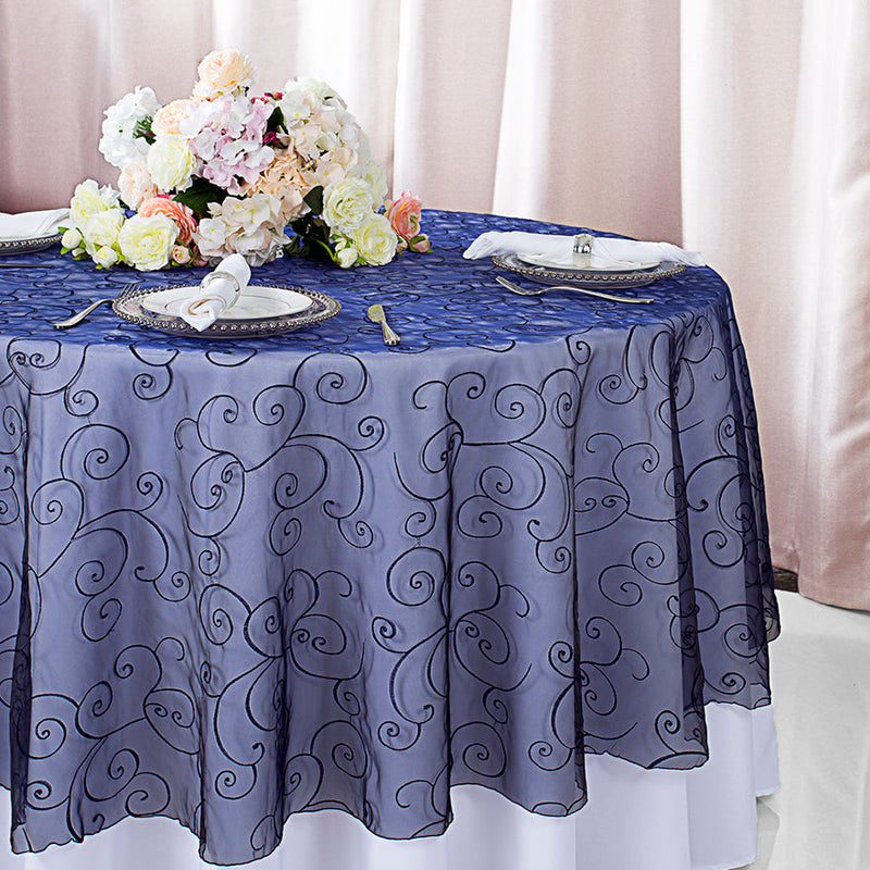 Round Embroidered Organza Table Overlay 90" Navy Blue