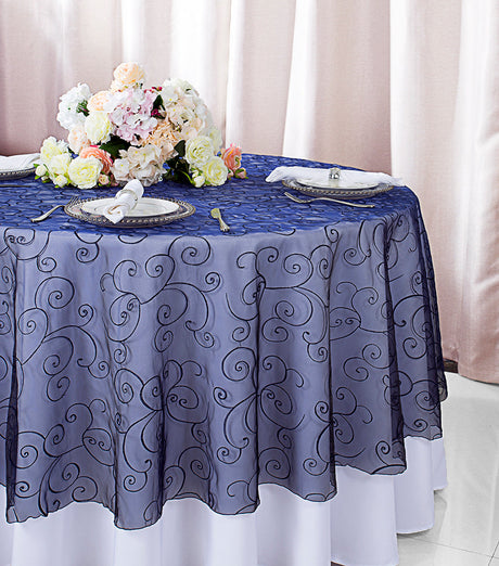 Round Embroidered Organza Table Overlay 90" Navy Blue