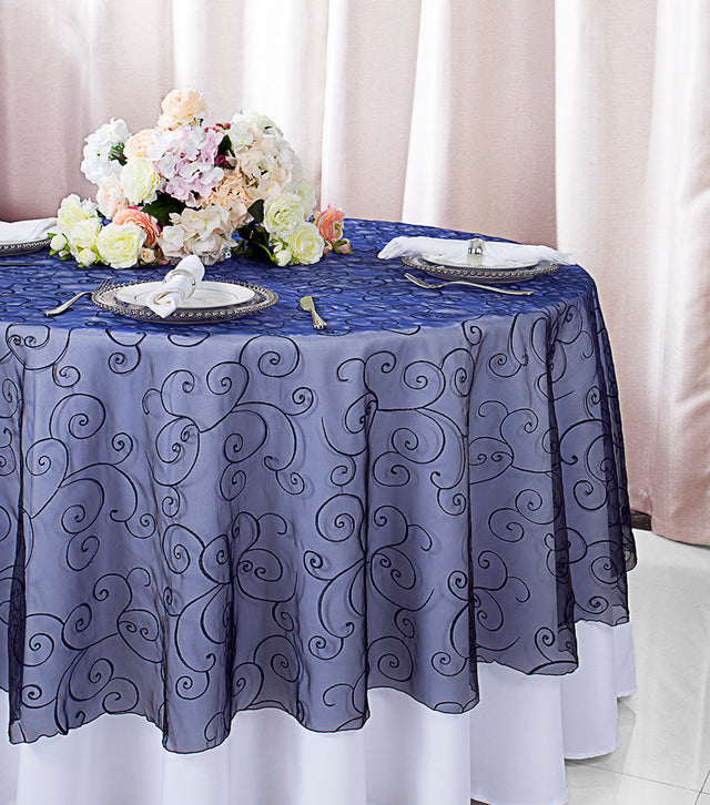 Round Embroidered Organza Table Overlay 90" Navy Blue