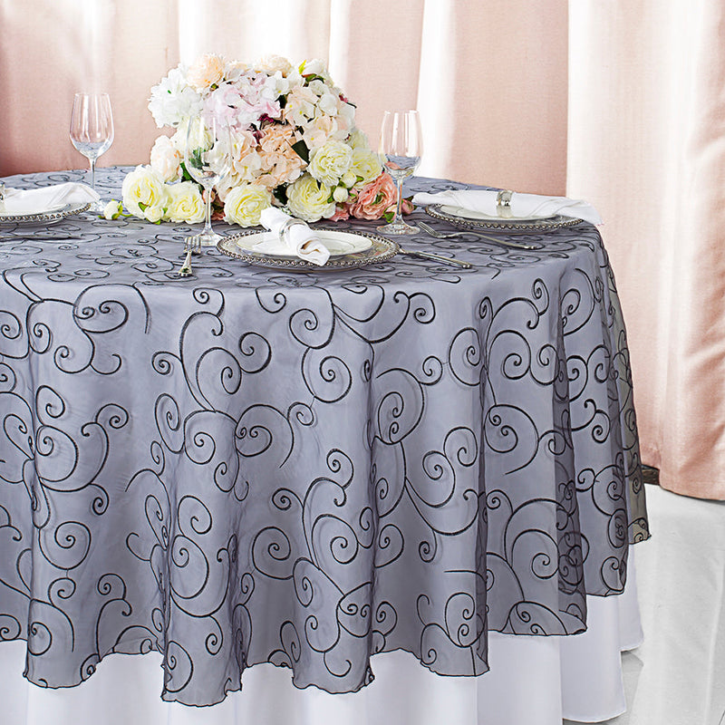 Round Embroidered Organza Table Overlay 90" Pewter/Charcoal