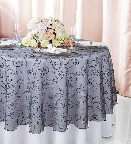 Round Embroidered Organza Table Overlay 90" Pewter/Charcoal