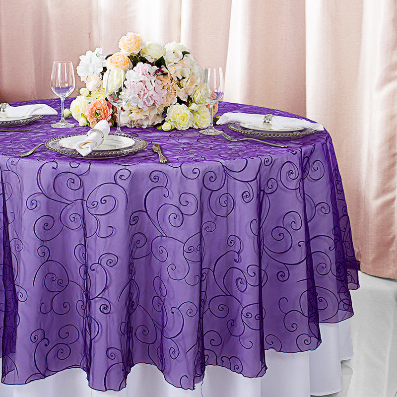 Round Embroidered Organza Table Overlay 108" Regency Purple