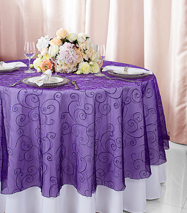 Round Embroidered Organza Table Overlay 108" Regency Purple