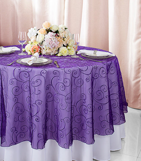 Round Embroidered Organza Table Overlay 90" Regency Purple