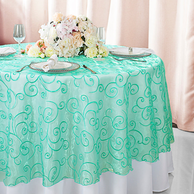 Round Embroidered Organza Table Overlay 90" Tiff Blue/Aqua Blue