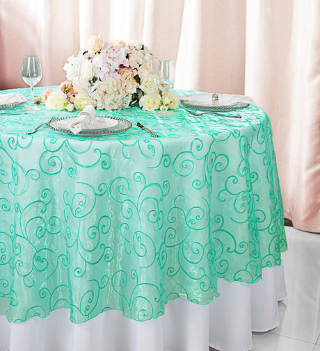 Round Embroidered Organza Table Overlay 90" Tiff Blue/Aqua Blue