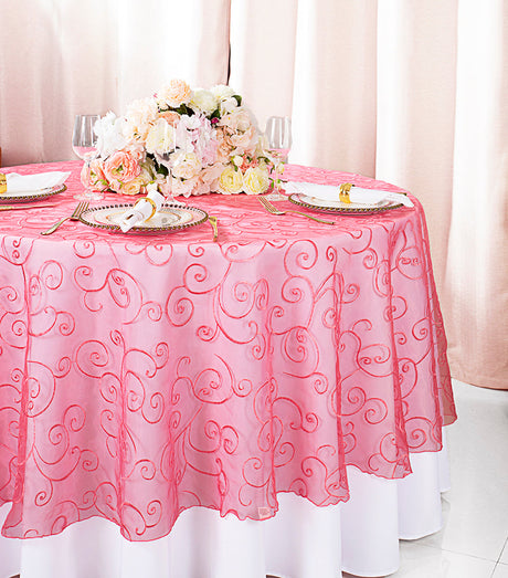 Round Embroidered Organza Table Overlay 90" Coral