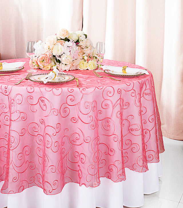 Round Embroidered Organza Table Overlay 90" Coral