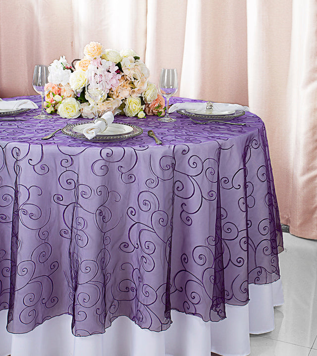 Round Embroidered Organza Table Overlay Eggplant