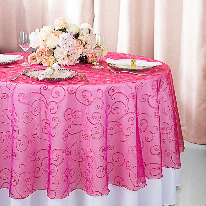 Round Embroidered Organza Table Overlay 90" Fuchsia