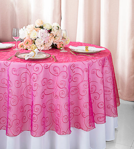 Round Embroidered Organza Table Overlay 90" Fuchsia