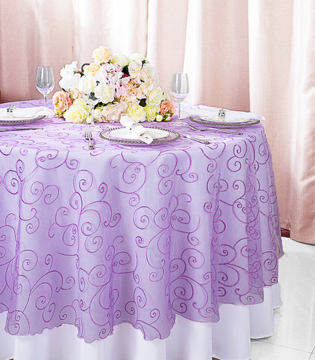 Round Embroidered Organza Table Overlay 90" Lavender