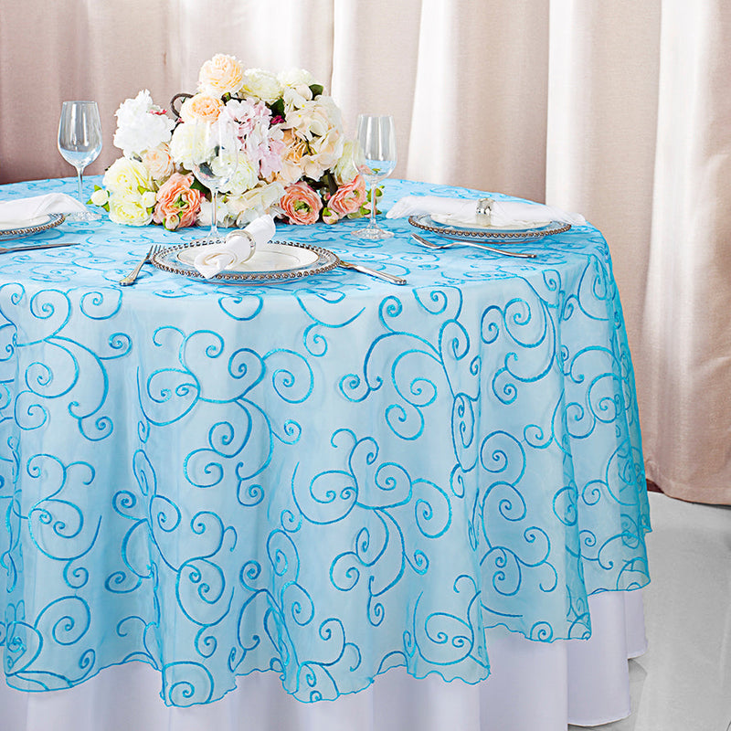 Round Embroidered Organza Table Overlay 108" Turquoise