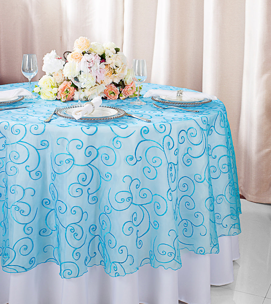 Round Embroidered Organza Table Overlay 108" Turquoise