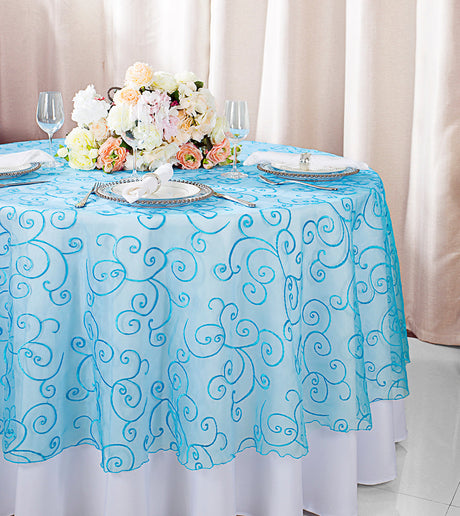 Round Embroidered Organza Table Overlay 90" Turquoise