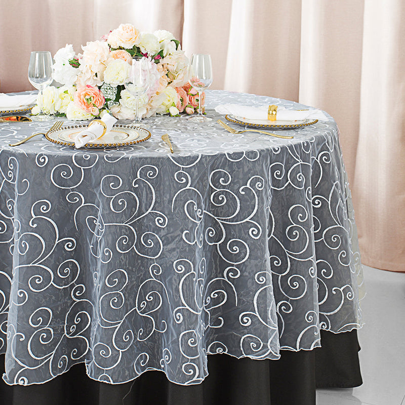 Round Embroidered Organza Table Overlay 90" White