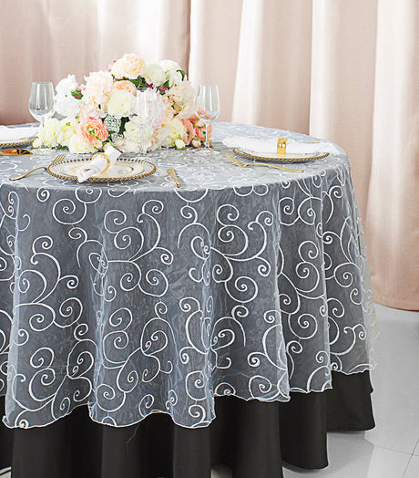 Round Embroidered Organza Table Overlay 90" White