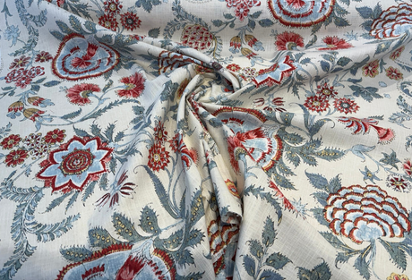Paloma Jaipur Cotton Fabric - Floral Paisley, Red, Soft Blue, Ivory, Sage Green, 54" Width (1 Yard)