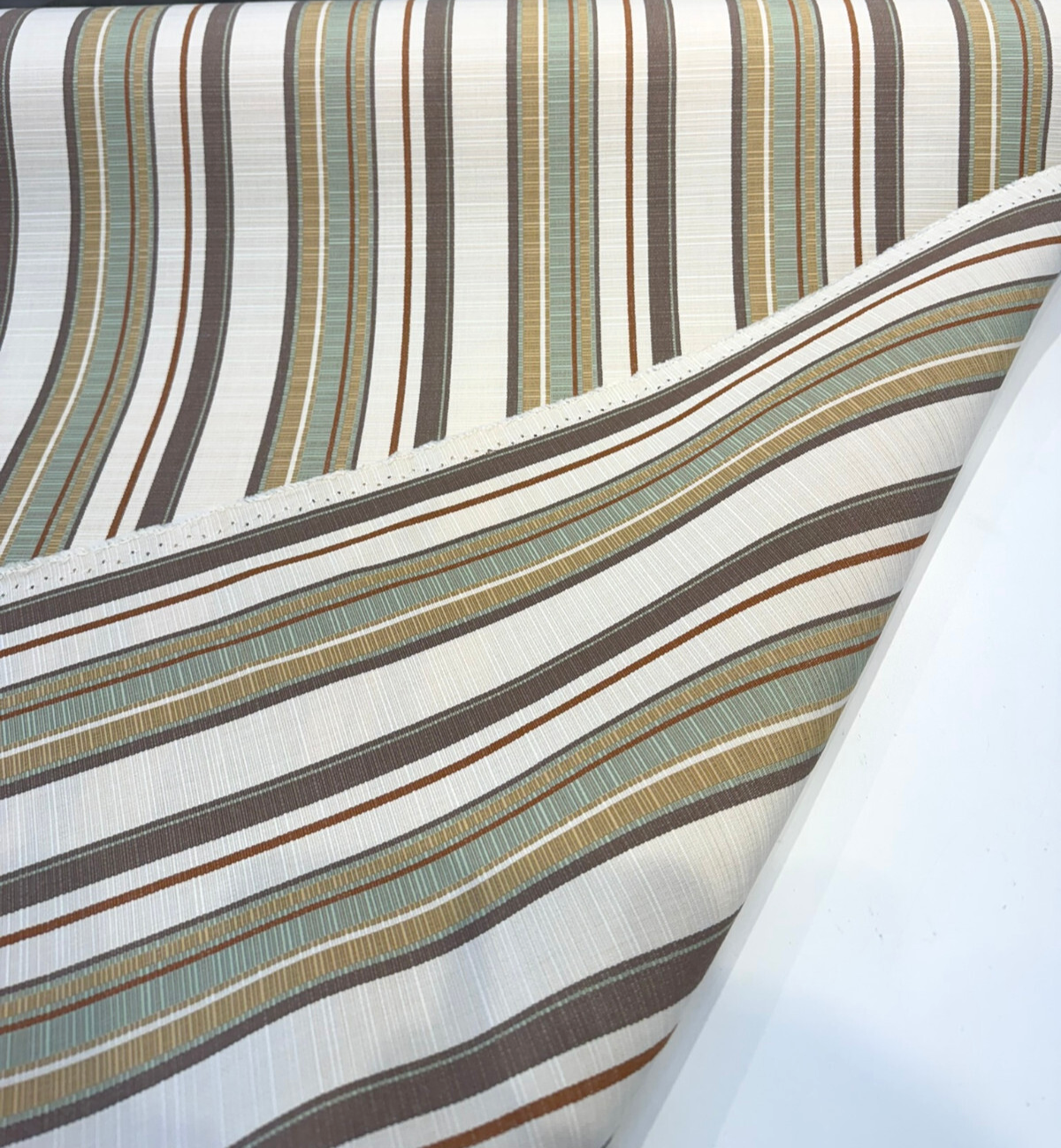 Sunbrella Stripe Carnegie Willow Solution-Dyed Acrylic Fabric - Brown, Gold, Green, Ivory Stripe, 54" Width (1 Yard)