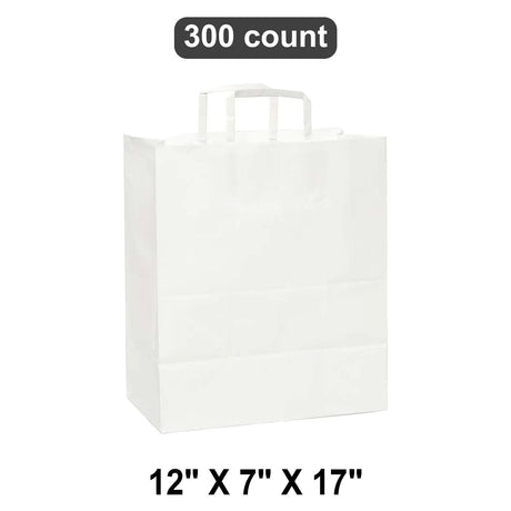 Versatile White Paper Bags with Flat Handles 12" x 7" x 17"
