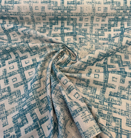 Sunbrella Merchant Lagoon Acrylic Fabric - Distressed Geometric, Lagoon Blue/Ivory, 54" Width (1 Yard)