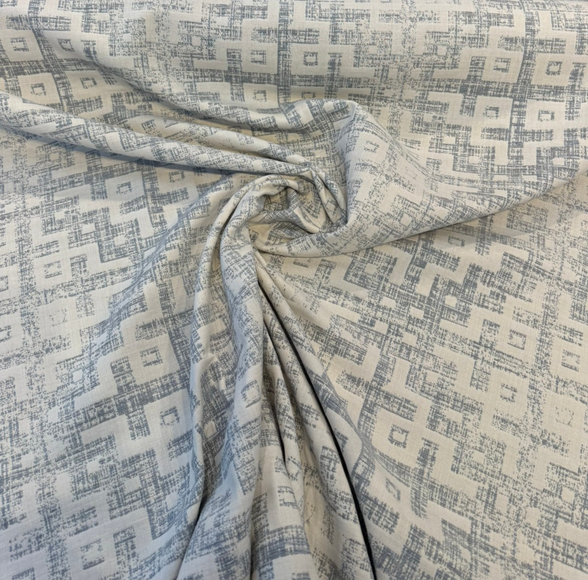 Sunbrella Merchant Mist Blue Solution-Dyed Acrylic Fabric - Distressed Geometric, Mist Blue/Ivory, 54" Width (By The Yard)