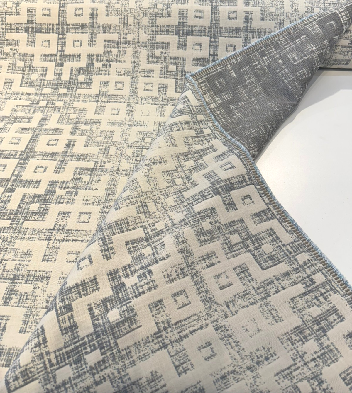 Sunbrella Merchant Mist Blue Solution-Dyed Acrylic Fabric - Distressed Geometric, Mist Blue/Ivory, 54" Width (By The Yard)