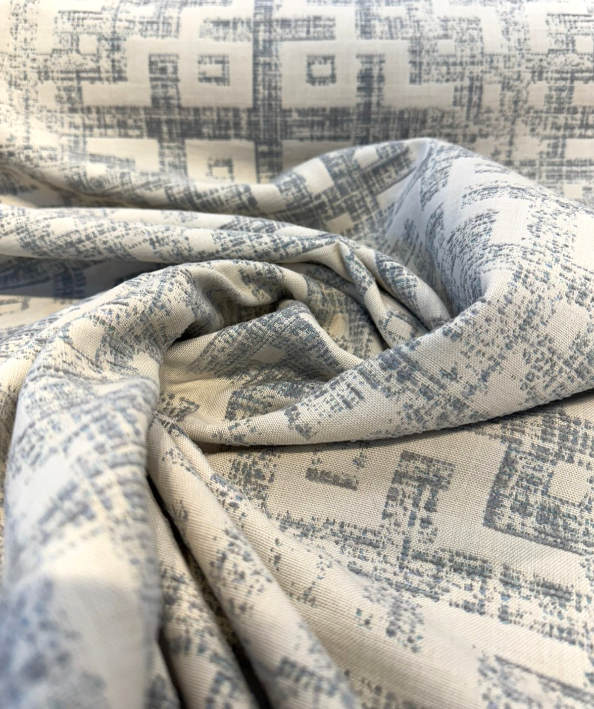 Sunbrella Merchant Mist Blue Solution-Dyed Acrylic Fabric - Distressed Geometric, Mist Blue/Ivory, 54" Width (By The Yard)